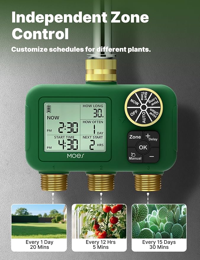 MOES 3 Zone Water Timer for Garden Hose, 3/4 in Brass Inlet and Outlets, Battery Operated Sprinkler Timer, 3 Outlet Faucet Valve, Sequential Watering, Rain Delay, Non-WiFi