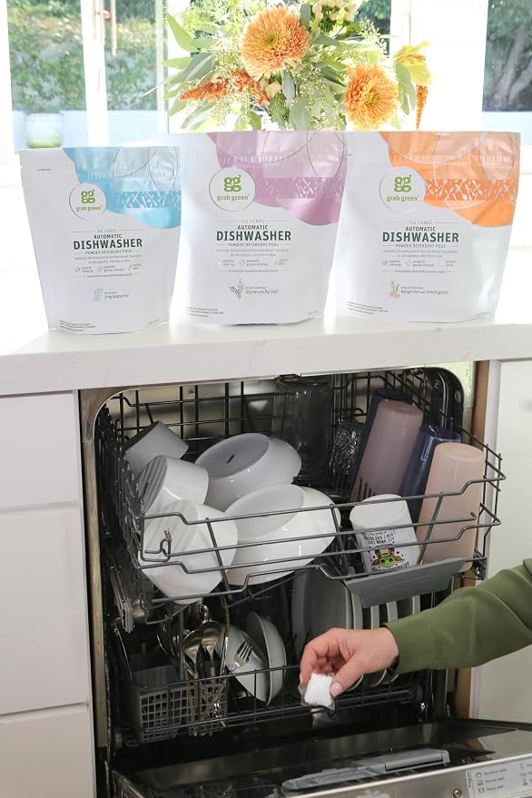 Grab Green Dishwasher Pods, 24 Count, Thyme with Fig Leaf | Plant & mineral based; Enzyme-powered; Velcro Closure; No Harsh Chemicals; Removes Grease and Stuck on Food