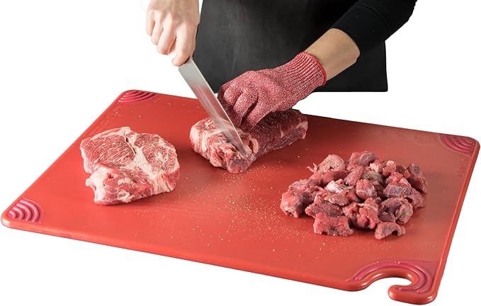 San Jamar Saf-T-Grip Cutting Board With Molded-In Ruler, Plastic Chopping Board for Kitchen, 18" x 24" x 0.5", 6 Count, Red