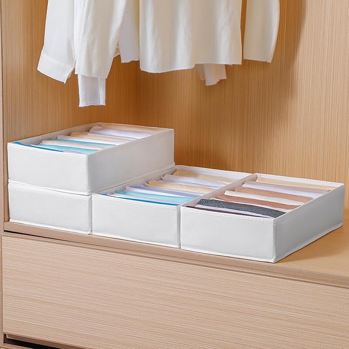 4 Packs T-shirt Drawer Organizers for Clothing,10 Grids Compartment Wardrobe Storage Box, Clothes Organizer for Folded Clothes, T-shirt, Legging, Silk Scarve-White