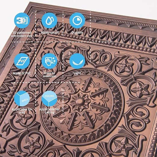 Art3d Drop Ceiling Tiles, Glue up Ceiling Tiles, 2'x2' Plastic Sheet in Antique Copper (12-Pack, 48 Sq.ft)