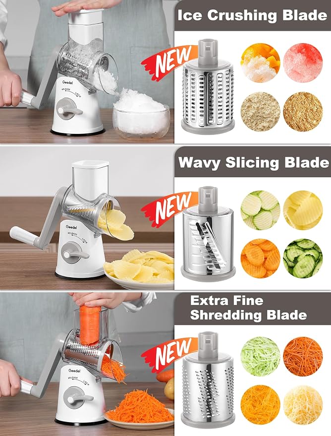 Geedel Rotary Cheese Grater Vegetable Shredder With 6 Interchangeable Blades No Slip Suction Base, Mandoline Slicer & Food Chopper for Cheese, Ice, Nuts, Vegetables, Veggie