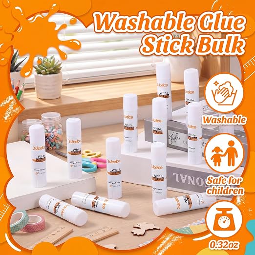 Zubebe 200 Count Glue Stick Bulk, 0.32 oz, 9g, Washable White Glue Stick for Crafts Home Back to School Classroom Students Teachers Employees Scrapbooking Crafting Supplies (Stylish)