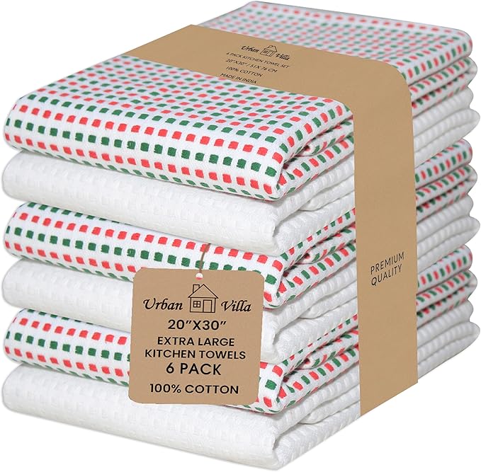 Urban Villa Christmas Kitchen Towels 100% Cotton Dish Towels for Kitchen (Set of 6) 20”x30” Dish Cloths Highly Absorbent Kitchen Linen Set with Hanging Loop Perfect for Drying Dishes-Red Green White