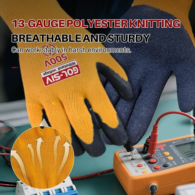 Electrical Insulated Gloves, 500V High Voltage Resistance Electrician Safety Gloves, Rubber Non Slip Work Gloves (500V|Poly-Cotton Insulated, Large)