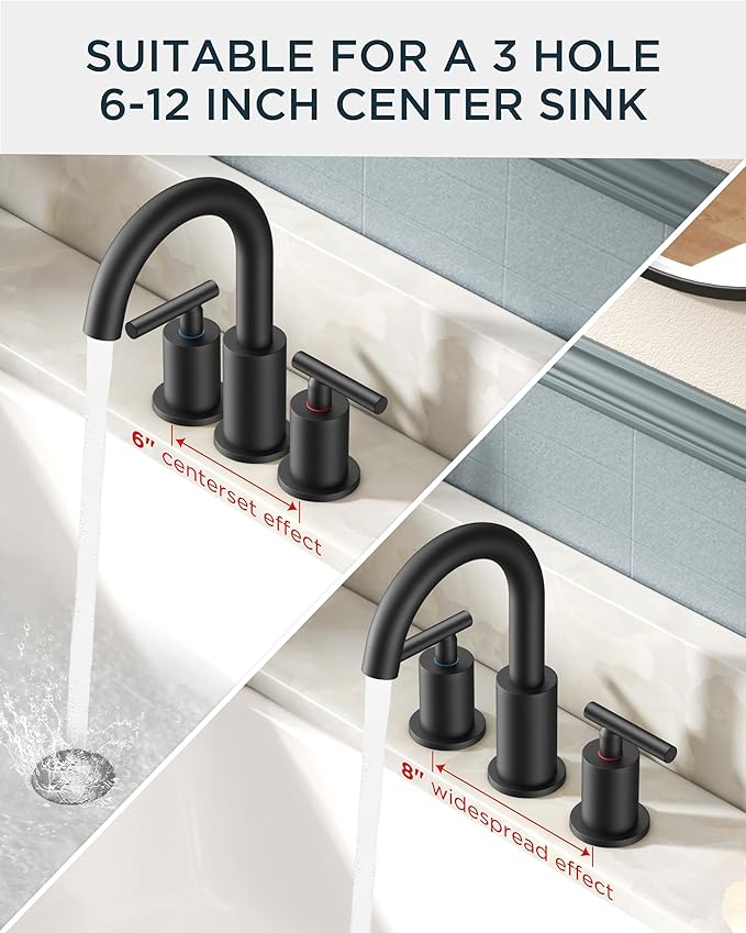 FORIOUS 2 Pack Black Bathroom Faucet 3 Hole, 8" Widespread Matte Black Bathroom Sink Faucet with 360°Swivel Spout, Suitable for 6-12 Inch Vanity Sink, with Metal Pop-up Drain and Supply Line