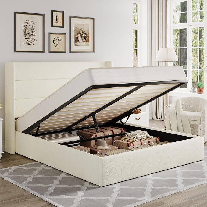 Allewie Full Size Chenille Lift Up Hydraulic Storage Bed Frame Cream White | Chenille Fabric Upholstered, Modern Wingback Headboard, Hydraulic Support Storage, No Box Spring Needed