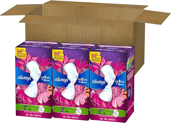 Always Radiant Feminine Pads for Women, Flexfoam Pads with Wings, Size 2, Heavy Absorbency, Lightly Scented 78 Count (Pack of 2)