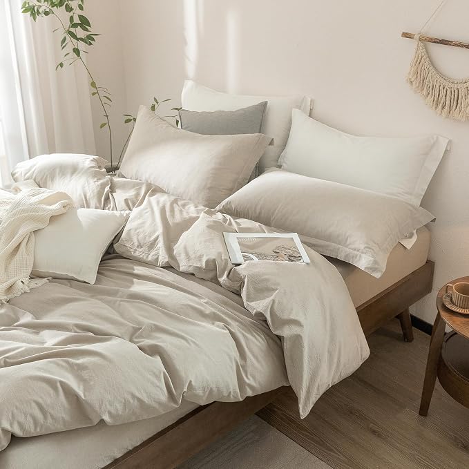 Linen Grey Duvet Cover Queen Size 90inch x 90inch,100% Washed Cotton Duvet Cover with Zipper Closure and 2 Pillowcases, Color of New Nature Linen
