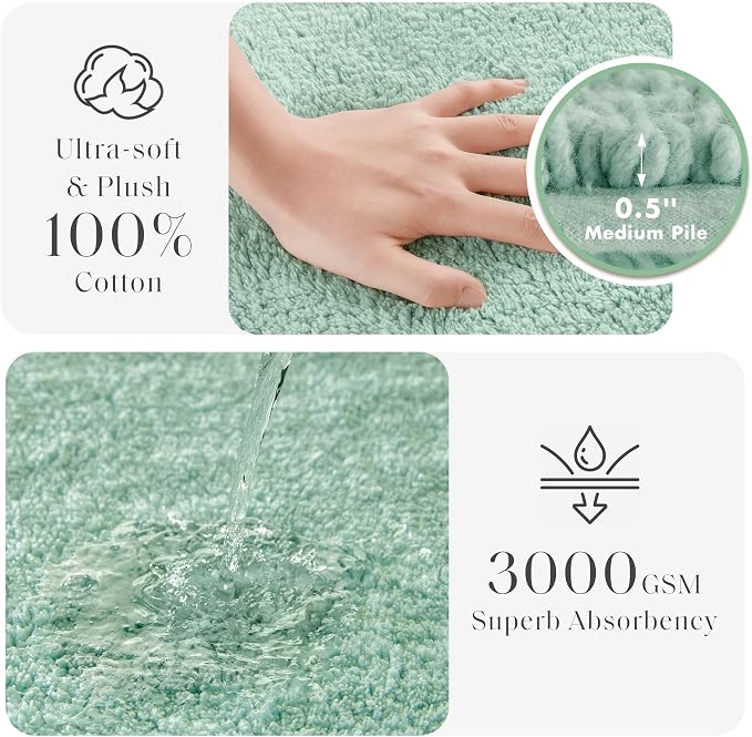 Madison Park Splendor Reversible 100% Cotton Bath Runner, 24 x 72, Green | Tufted Bathroom Rug, 3000 GSM, Hotel Quality, Luxurious Plush, Medium Pile, Absorbent, Quick Dry, OEKO-TEX, Shower Room Décor