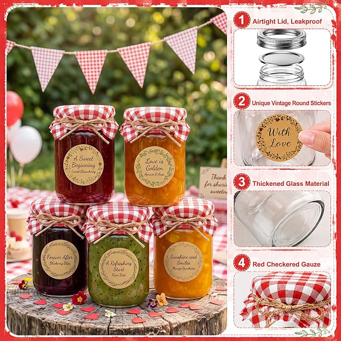 Blushtier 15 Sets 16 oz Mini Yogurt Jars Glass Mason Jar with Lids Red Plaid Muslin Cloth Cover Decorative Jute Rope Brush Glass Bottle for Jam Honey Candy Gift Wedding Favors Birthday Party Decor