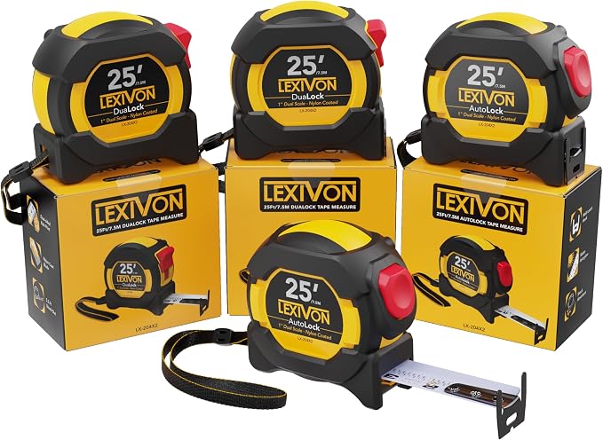 LEXIVON [4-Pack] 25Ft/7.5m Tape Measure, DuaLock & AutoLock | 1-Inch Wide Blade with Nylon Coating, Matte Finish White & Yellow Dual Sided Rule Print | Ft/Inch/Fractions/Metric (LX-204X2)