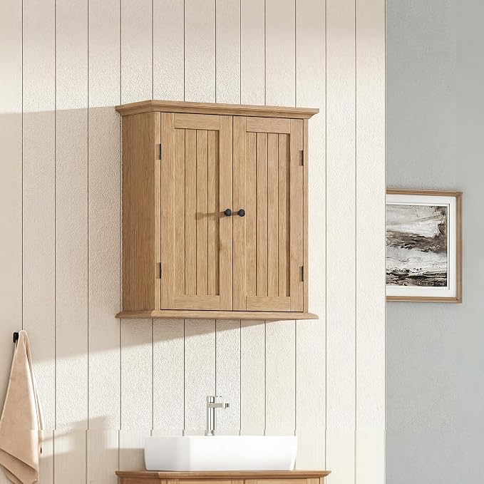 ChooChoo Bathroom Wall Cabinet, Over The Toilet Space Saver Storage Cabinet, Medicine Cabinet with 2 Door and Adjustable Shelves, Cupboard, Natural