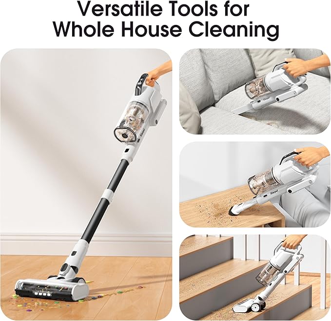Klarpul Cordless Vacuum Cleaner, 2 Batteries 140 Mins Runtime 600W 50Kpa Stick Vacuum Cordless, Self-Standing Vacuum Cleaners for Home with 2.5H Fast Charging, for Floor/Carpet/Pet Hair, White