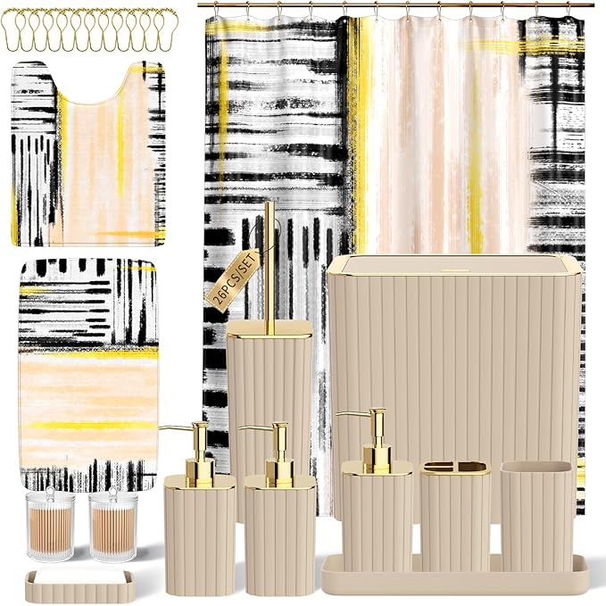 Bathroom Set - Bathroom Accessory Set, Beige Bathroom Set, 26PC Bathroom Sets with Shower Curtain and Rugs, Toilet Brush, Trash Can, Qtip Holder & Bathroom Soap Dispenser Set