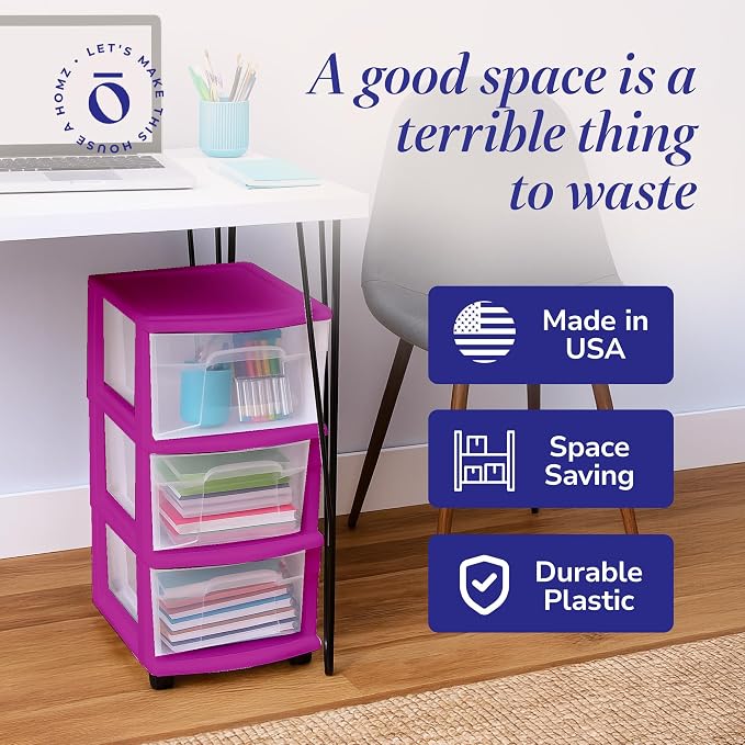 HOMZ Drawer Tower, 3-Tier Clear Plastic Storage Organizer Cart, Purple Frame - Rolling Drawer Containers with Wheels for Bathroom, Bedroom, Office, and Classroom Organization