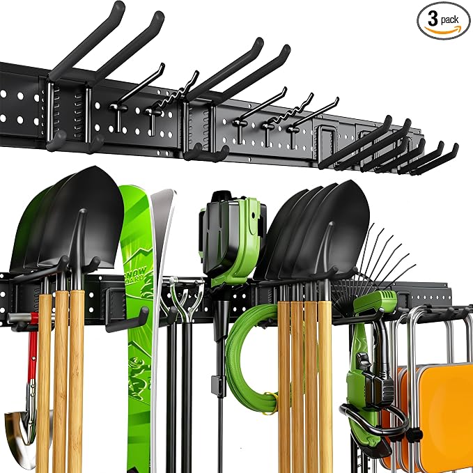 Garage Tool Organizer Wall Mount, 49.5 Inch Heavy Duty Garage Organization System with 10 Adjustable Hooks, Garden Tool Storage Rack for Garage, Yard & Shed, Holds Up to 400 lbs