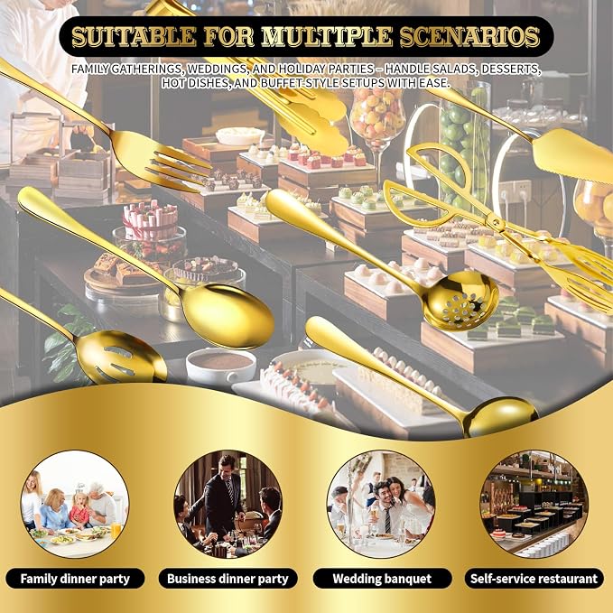 32 Piece Stainless Steel Serving Utensils Set - Complete Buffet Serving Spoons, Tongs, Ladles, Spatulas for BBQ, Parties, Weddings, Catering and Events (Gold)