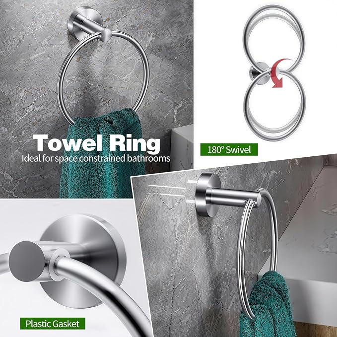 10pcs Brushed Nickel Bathroom Hardware Set, Including 2pcs 24in Retractable Hand Single Towel Bar with 2pcs Toilet Paper Holders, 2pcs Towel Rings 4pcs Multifunctional Robe Hooks