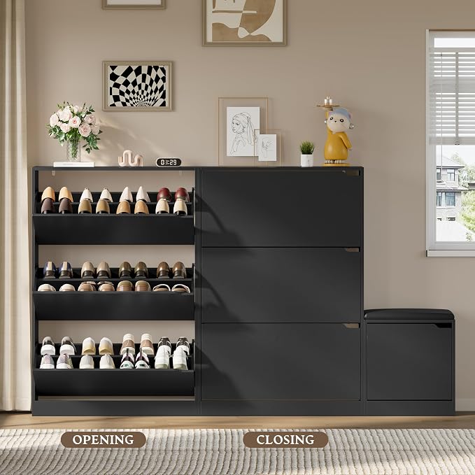 BORNOON Shoe Cabinet with Bench and 3 Flip Drawers, Slim Narrow Shoe Storage Cabinet, Freestanding Shoe Rack Organizer with Adjustable & Removable Shelves, Anti-Tip for Entryway, Hallway, Foyer