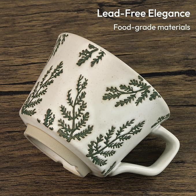 11 oz Ceramic Coffee Mug, Stoneware Teacup with Handle | Small Novelty Unique Cup for Tea Mocha Latte Cappuccino, Microwave Dishwasher Safe (Set of 2, Ivy and Leaf)