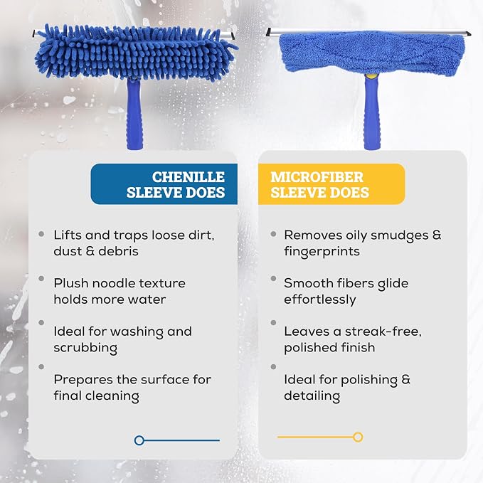 Kleen Handler 2-in-1 Window Squeegee with 4–12 ft Telescopic Extension Pole, Window Washing Kit for Home & Commercial Glass Doors, High Windows, 2 Sleeves Included
