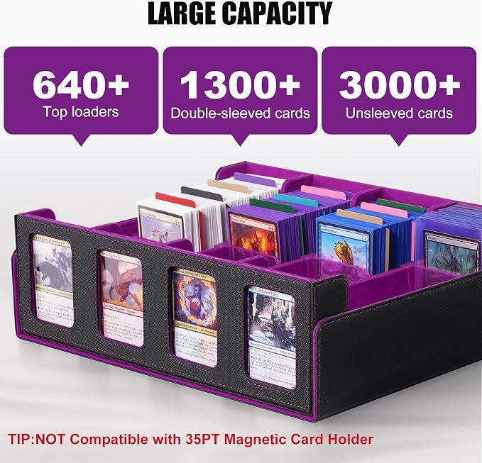 Trading Card Storage Box with Commander Display , 4-Row Deck Case with Removable Lid; 2400+ Card Deck Box for MTG TCG Sports Card, 4 Top Loaders, 4 Stoppers, 24 Dividers,1 Dice Bag (Black Purple)