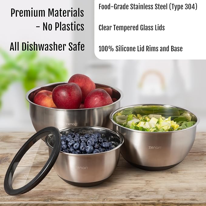 Premium Quality Stainless Steel Mixing Bowls with Lids, 3-Piece Set, Dishwasher-Safe Clear Glass Lids, No Plastics