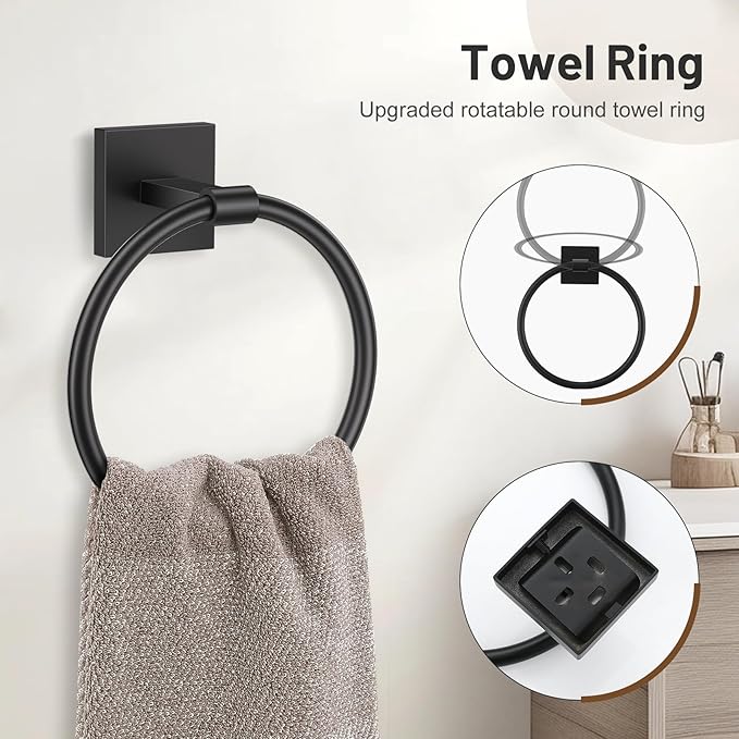 Lairuier 5 Pieces Bathroom Hardware Set Matte Black Towel Bar Set Includes 23.6” Towel Bar, Towel Ring Holder, Toilet Paper Holder and Two Towel Hooks, Bathroom Accessories Set SUS304 Wall Mounted