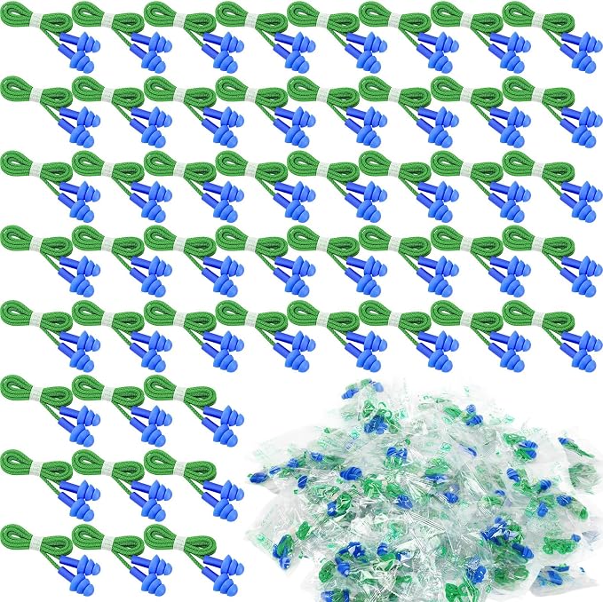 Relaxweex 500 Pairs Corded Ear Plugs Bulk 25dB NRR Reusable Silicone Ear Plug with String Individually Wrapped Earplugs for Sleeping Noise Reduction Hearing Protection Shooting Work (Green Blue)