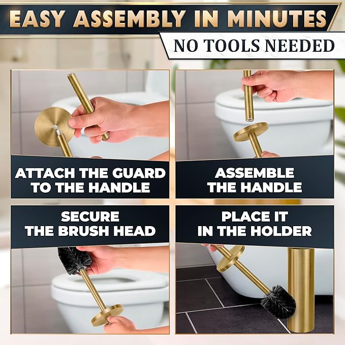Gold Toilet Brush and Holder Set - Stainless Steel Gold Toilet Bowl Brush and Holder with Replaceable Head, Removable Inner Bowl, and Splash Guard - Dense Bristles for Thorough Cleaning