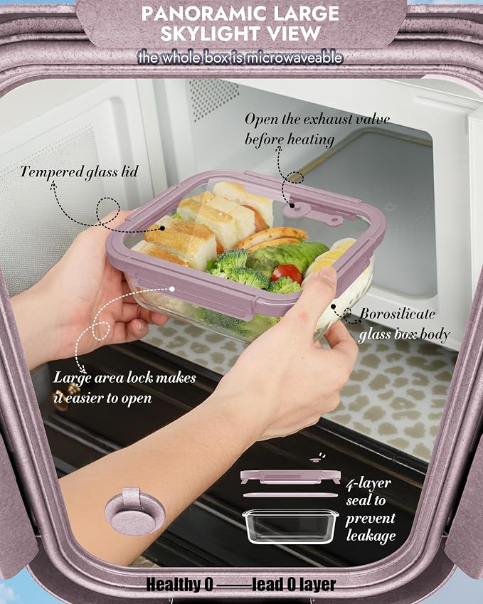 12-Pack Glass Containers with Tempered Lids – Borosilicate, Oven-Safe(-4°F~950°F), Airtight, BPA-Free, Multi-Size for Meal Prep, Dishwasher Safe, 1.6 cups to 6.4 cups (Pink)
