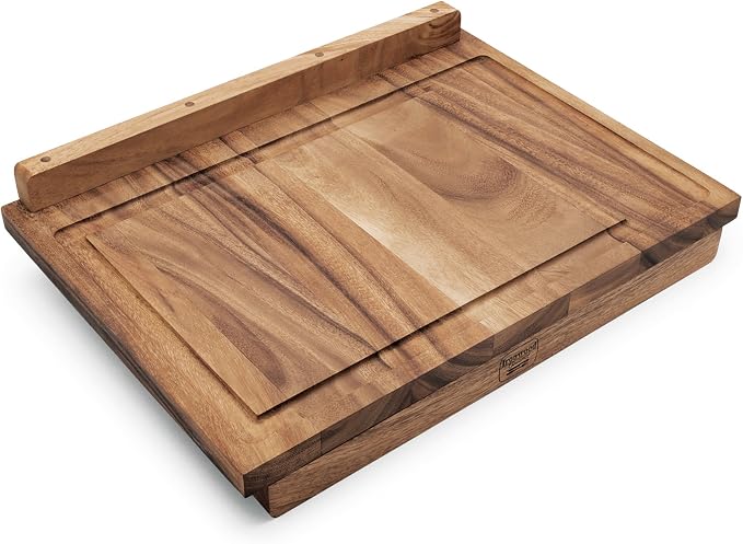 Ironwood Gourmet Double-Sided Countertop Lyon Pastry/Cutting Board With Gravy Groove, Acacia Wood 17.25 x 24 x 1.25 inches | Extra Large Wood Cutting Board With Juice Groove | Countertop Lip Keeps The Board In Place | Easily Knead Dough & Carve Meat