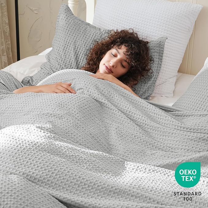 PHF Waffle Weave Duvet Cover Set King Size, No Snagging Ultra Soft Luxury Textured Breathable Comforter Cover for All Season 3pcs, Durable Bedding Duvet Set with 2 Pillow Shams, 104"x90", Light Grey