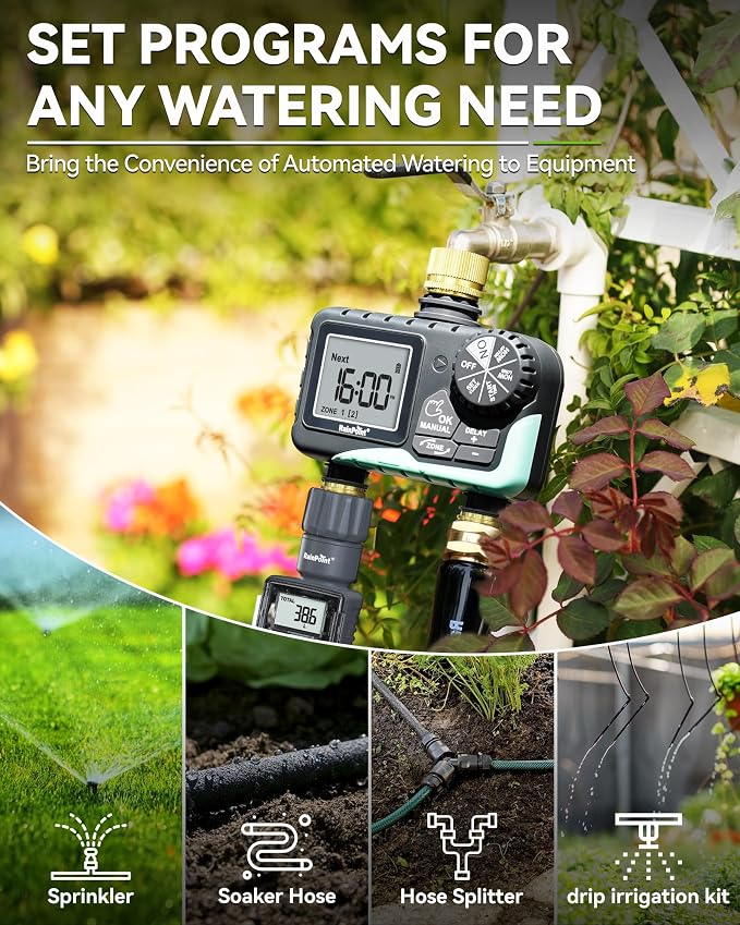 RAINPOINT 2 Zone Sprinkler Timer with Brass Inlet and Outlet - Water Timer for Garden Hose with Rain Delay/Manual Watering/Automatic Irrigation Controller System for Yard Lawn Garden(Blue)