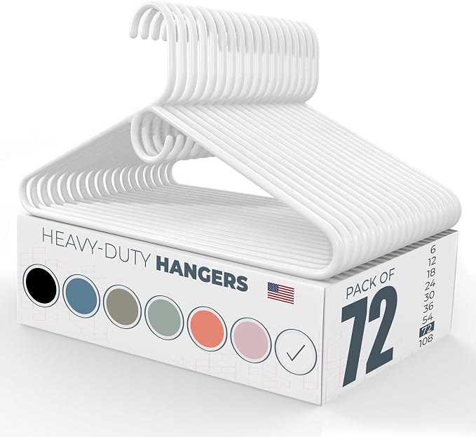 Heavy Duty Clothes Hangers 50+ Pack (72 Count) – Made in the USA – 8lb Capacity Plastic Hangers for Adult Clothing – Durable for Pants, Coats, Jackets, or Jeans – White