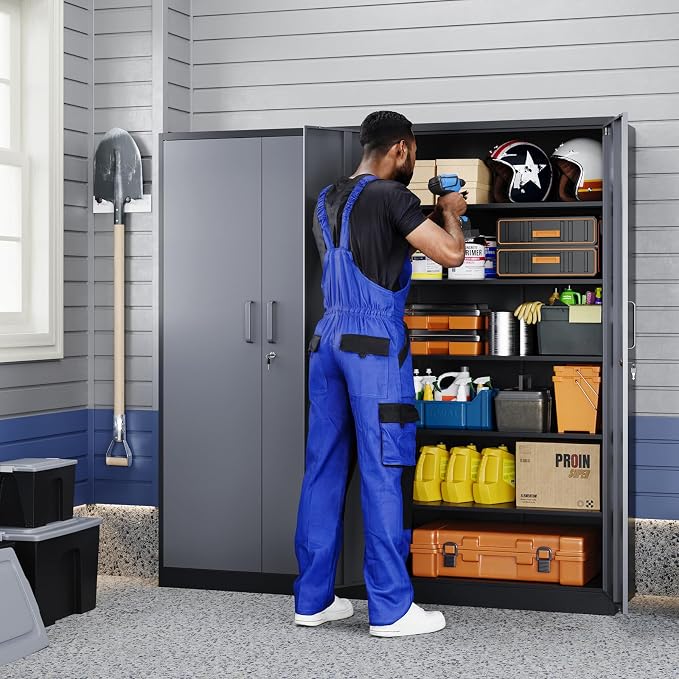 Metal Storage Cabinet with Locking Doors and 5 Adjustable Shelves, 72" Garage Storage Cabinet Steel Lockable for Office,Home,Garage