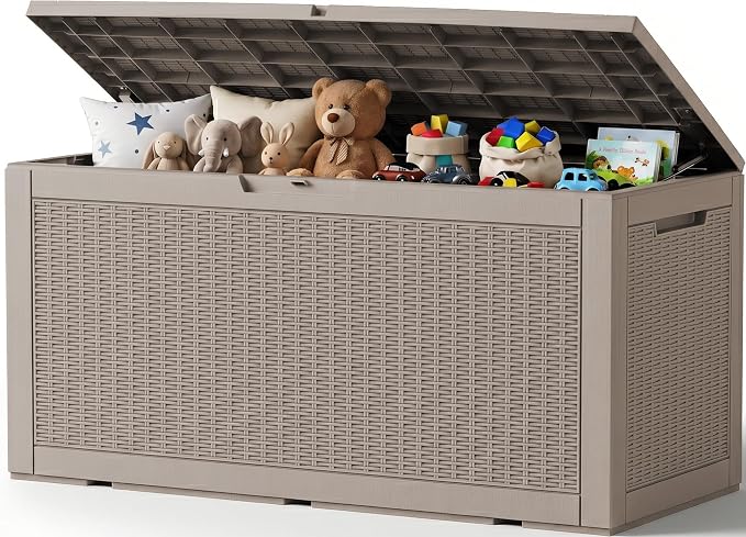 Outdoor Storage Box, 170 Gallon Waterproof Resin Deck Box with Support Rod | UV Resistant Lockable Package Delivery Bin, Shoe, Patio & Garden Tools Storage, Toy Cabinet, Ottoman, Indoor/Outdoor