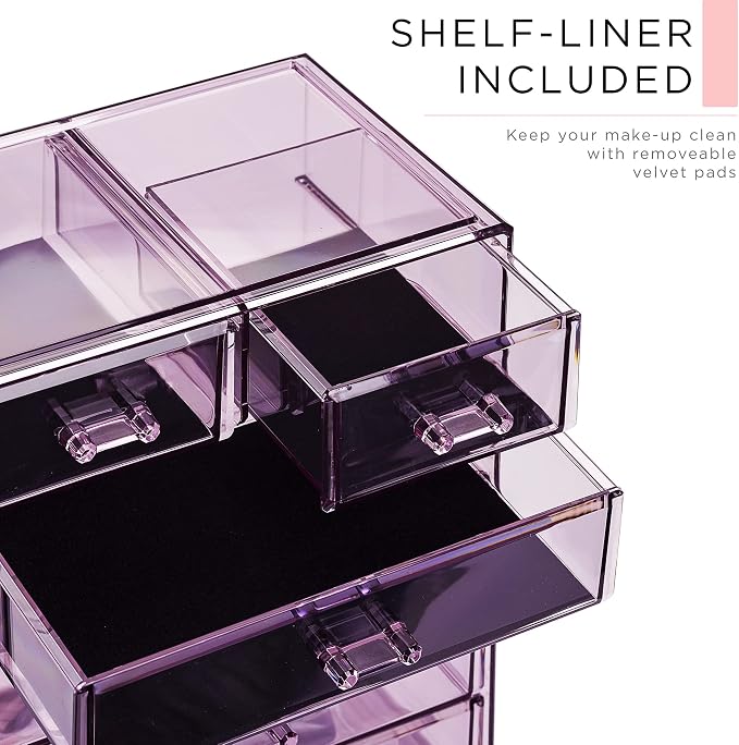 Sorbus Acrylic Makeup Organizer Set, 6-Drawer Vanity & Countertop Cosmetic Storage with Small & Wide Compartments, Purple Makeup Storage for Brushes, Jewelry – Holiday Gift for Women & Teens