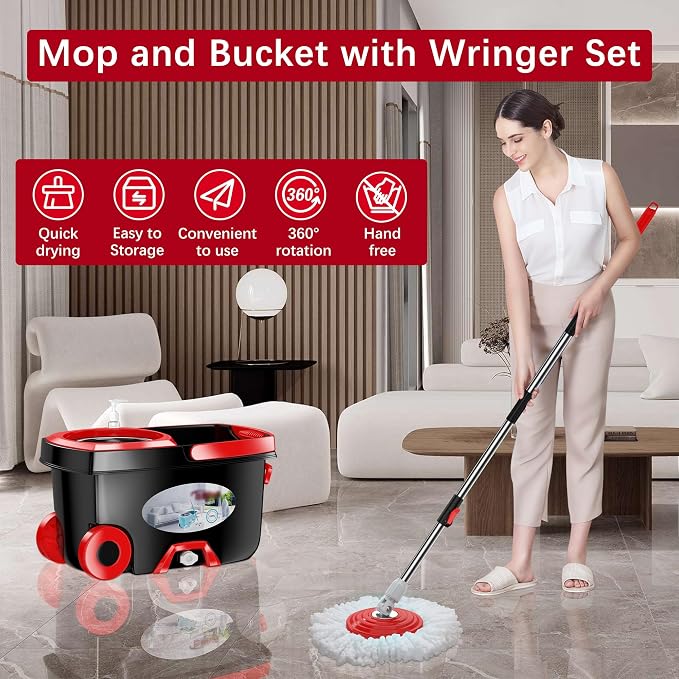 FunClean Spin Mop and Bucket for Home Cleaning, 360° Rotating Floor Mop with Wringer, Adjustable 61" Handle for Back Pain Relief, 6 Microfiber Replacement Heads, 2 Easy-Move Wheels - Black