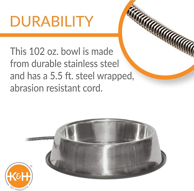 K&H Pet Products Thermal-Bowl Heated Water Bowl for Cats & Dogs Outside, Safety Listed Outdoor Heated Dog Dish for Pets, Automatic No Freeze, Anti Chew Cord - 102 Ounces Stainless 25W | Outdoor Water Stays Unfrozen In Winter. Outdoor Heated Dog Dish fo...