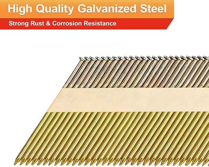 34°Framing Nails,Smooth Shank,2",2-1/2",3",3-1/2":1000pcs | D Head Nail Pack,Galvanized Paper Tape Strip Nails,Smooth Shank,for 30 to 34 Degree Framing Nailer