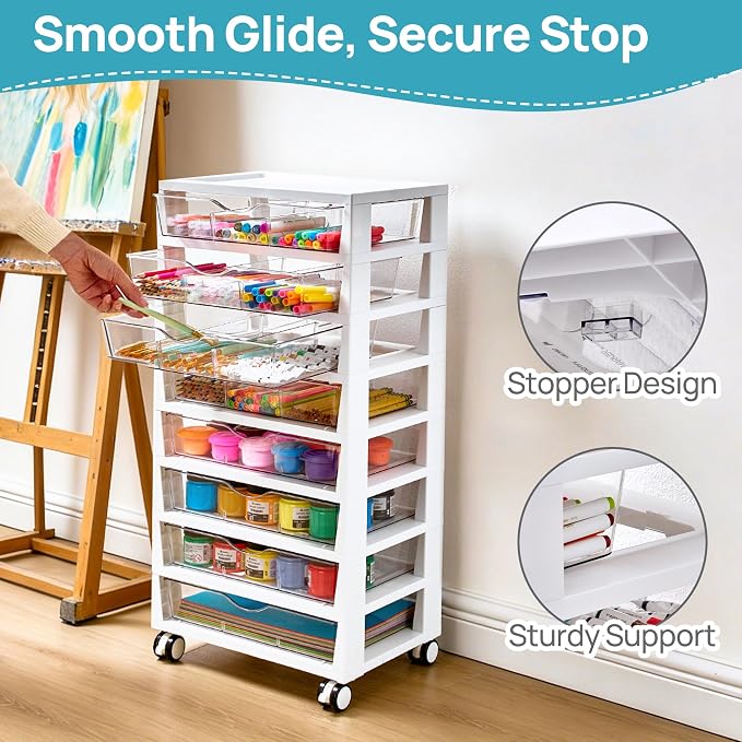 Vtopmart 8 Tier Rolling Cart with Drawers, Clear Plastic Drawers with Removable Dividers for Art &Office Supplies, Beauty Products, Toy, Under Desk Storage for Craft Room, Classroom