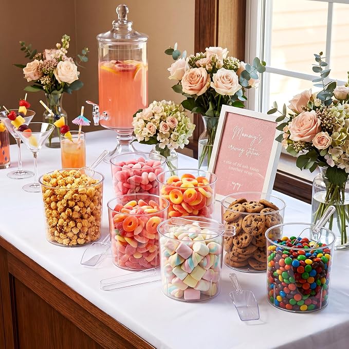 115 oz 6 Plastic Candy Bar Containers with 3 Tongs and 3 Scoops | Candy Party Supplies, Reusable Buckets for Candy Buffet Station, Weddings Birthday Dessert Snack Serving Bowls