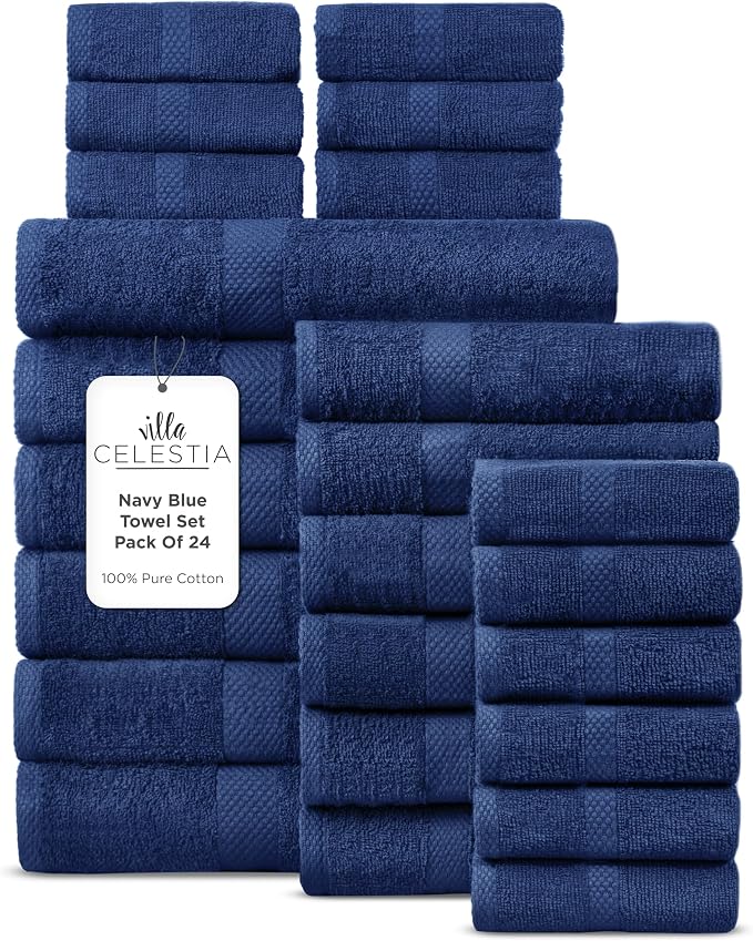 Villa Celestia 24-Piece 100% Cotton Towel Set, 6 Bath Towels, 6 Hand Towels, 12 Wash Cloth, Quick-Dry, Navy Blue
