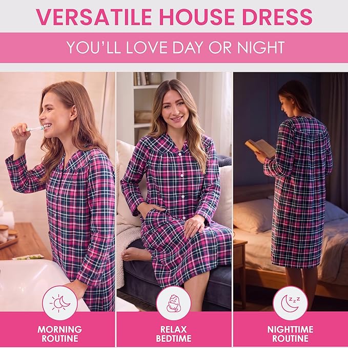Casual Nights Women's Floral Snap Front Flannel Duster Long Sleeve Lounger Dress