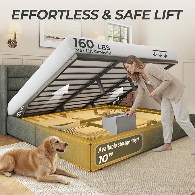 HISOFT King Size Lift Up Storage Bed Frame, Linen Upholstered Platform Bed with Wingback Headboard, Heavy Duty Hydraulic Gas Lift Underbed Space, Reinforced Full Metal Slats, Noise Free, Grey