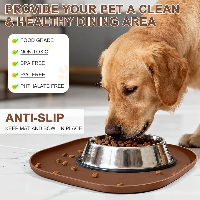 SMILOOL Waterproof Silicone Pet Food Mat with Raised Edge for Dog & Cat | 12" x 12" Non-Slip Small Pet Feeding Mats with Lip for Food & Water Bowl, Food Grade, Easy Cleaning, Brown