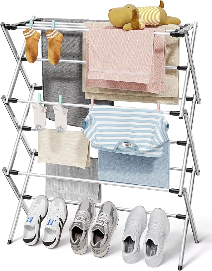 Sakugi Foldable 3-Tier Clothes Drying Rack 37.4" H with Non-Slip Feet | Indoor & Outdoor Use, Space Saving, Metal Frame, 11.4" D x 29.1" W, Silver