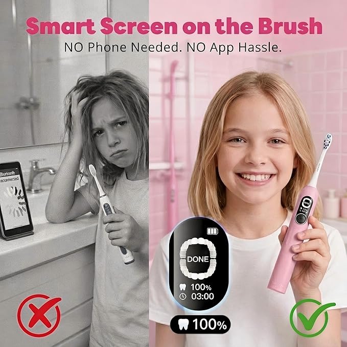 SAKYPRORAL Kids Electric Toothbrush for Girls Teens Tween (6-15Y), Smart Screen with Brushing Score, Soft Bristles, Visual Timer for Braces, 150 Days Battery with Travel Case (Pink)
